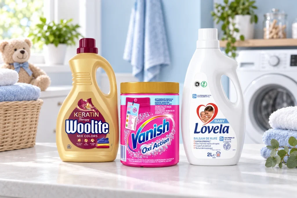 Produse Woolite, Vanish și Lovela pentru îngrijirea rufelor