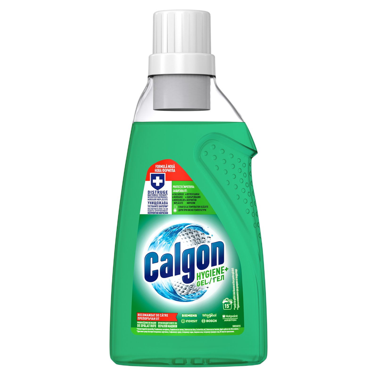 Gel anticalcar cu rol antibacterian pentru mașina de spălat Calgon Hygiene+, 750 ml