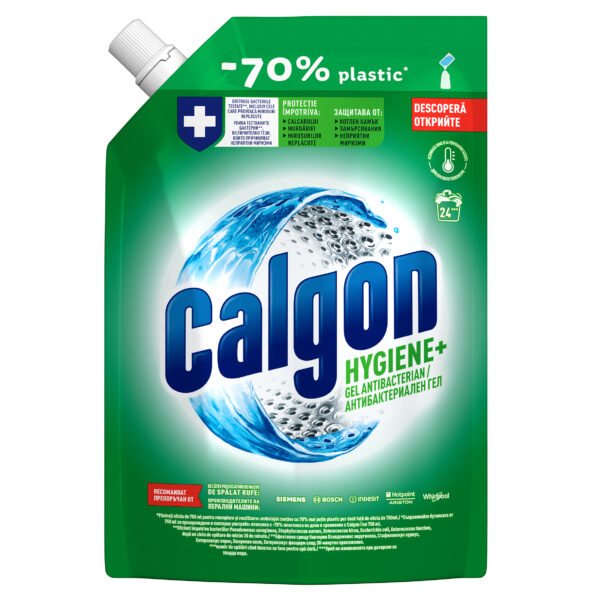 Rezervă Solutie gel anticalcar cu rol antibacterian pentru mașina de spălat Calgon Hygiene+, 24 spălări*, 1.2 L
